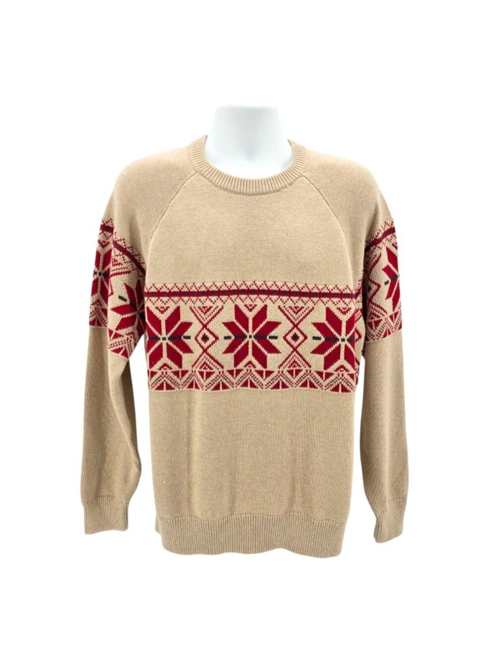 NEW Eddie Bauer Mens Large Sweater Classic Fair Isle Crew Knit Snowflake Tan Red